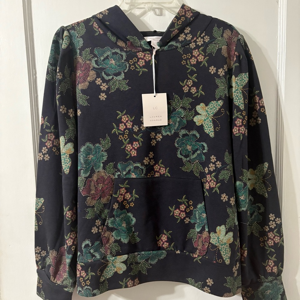 LC Lauren Conrad Gray Terry Hoodie Pullover Floral Butterfly Print Large NWT